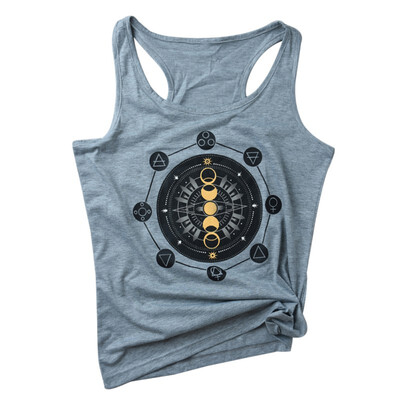 

Women Sexy Round Neck Sleeveless Sun Moon Print Shirt Camisole T-Shirt Short Vest