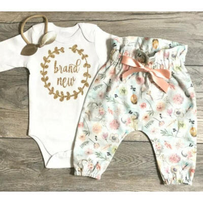 

Newborn Baby Girl Clothes Long Sleeve Tops RomperFloral Pants 3PCS Outfits Set