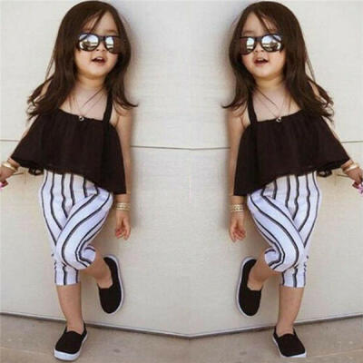 

US Toddler Kid Baby Girl Clothes Strap TopsStripe Long Pants Summer Outfits Set