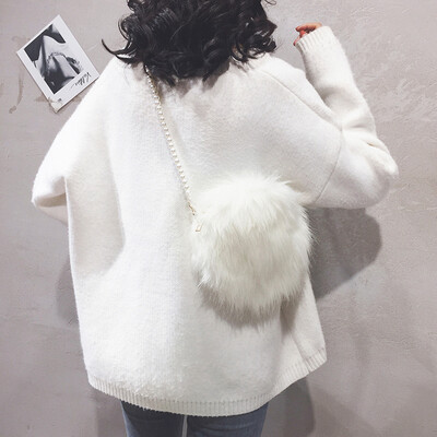 

Plush small bag female 2019 new wild solid color fur mini round bag fashion bead chain shoulder Messenger bag