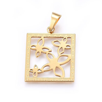 

304 Stainless Steel Pendants Rectangle with Butterfly Golden 30x25x12mm Hole 9x5mm