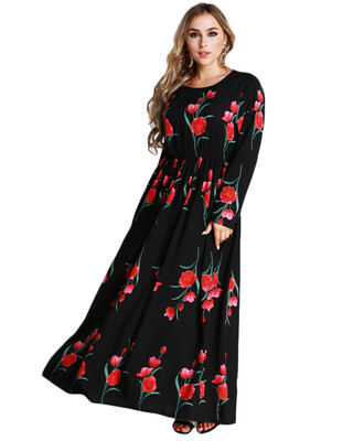 

New Fashion Plus Size Maxi Dress Rose Print O Neck Long Sleeve Elastic Waist Long Dress Black