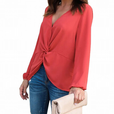 

Solid color shirt T-shirt womens V-neck long-sleeved knotted regular shirt