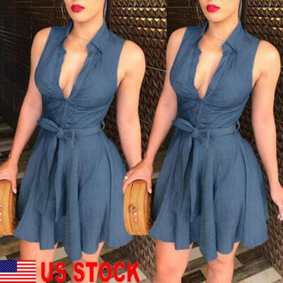 

Women Summer Bodycon Denim sleeveless Short Dress Party Evening Mini Dress US