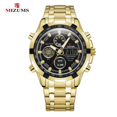 

MIZUMS men\s gold steel belt sports quartz watch waterproof Night Watch