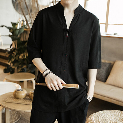 

Toponeto Mens Summer Vintage Pure Color Linen Patchwork Half Sleeve T-shirt Comfort Tops