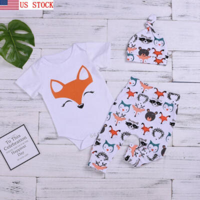 

US Infant Baby Girl Boy Clothes Fox Print Tops Romper Pants Hat Kids 3Pcs Outfit