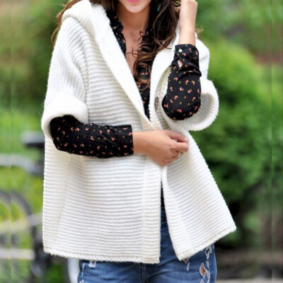 

2019 Ladies Casual Knit Cardigan Womens Hooded Short Sleeves Sweater Cloak Coat