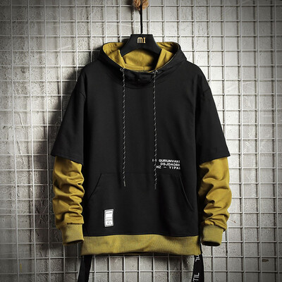 

Toponeto Mens New Fashion Loose Stitching Fake Two-piece Hooded Sweater Top