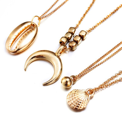 

Bohemian conch necklace alloy sweater chain long shell horns scallop pendant multi-layer necklace