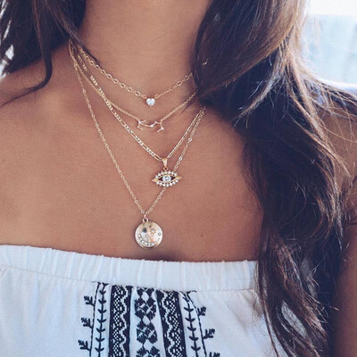 

Vintage Leaf Cross Heart Pyramid Ancient Egyptian Pharaoh Pendant Multilayer Gold Necklace Punk Lady Jewelry Women Necklace Set