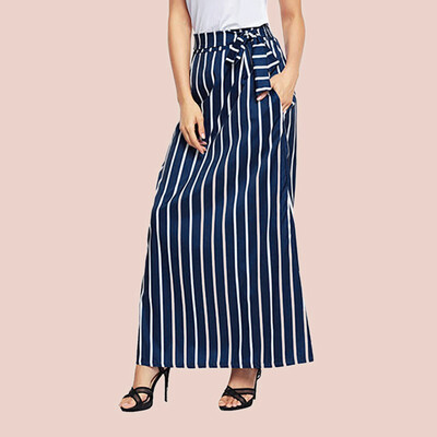 

Roseonmyhand Women Casual Striped Ankle-length Chiffon Empire Lace-Up Vintage Long Skirt