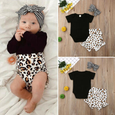 

3PCS Newborn Kids Baby Girls Leopard print Clothes Romper Pants Headband Outfits