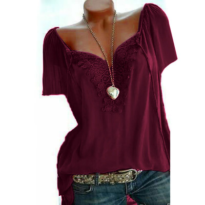 

Nomeni Womens Plus Size Off Shoulder Lace Pure Color Short Sleeve Blouse Loose Tops