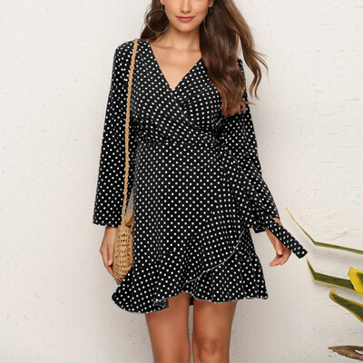 

Women V Collar Sexy Wave Dot Lotus Leaf Irregular Autumn Long Sleeve Tights Stretch Dress Sexy Skirt