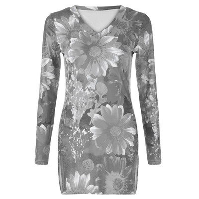

Womens Casual Floral Print V-neck Long Sleeve Hem Split Leisure Bohemian Tops