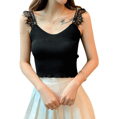 

Womens Lace Stitching Knitted Tank Top Sexy Vest Simple Stretchable Tops Summer Solid Crop Top