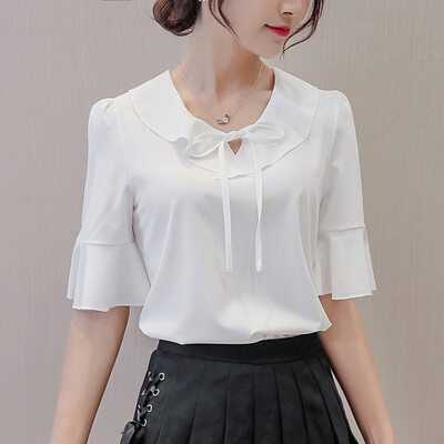 

Starmoon Women Summer Work Office Tie up Short Sleeve Solid Chiffon Blouse Plus Shirt Top