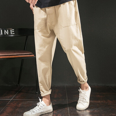 

Gobestart Men Pure Color Trousers Tethers Cotton Linen Nine Points Small Feet Casual Pant