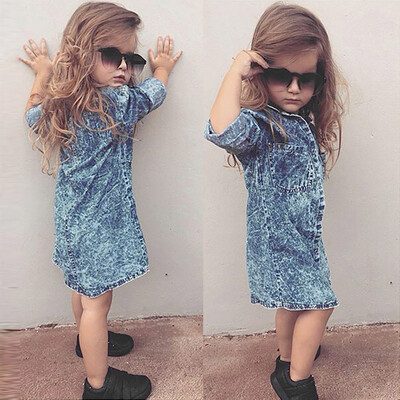 

Toddler Baby Girls Long Sleeve Solid Denim Shirt Dress Jean Dresses
