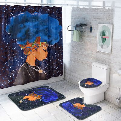 

Gobestart African Explosion Head Woman Waterproof Shower Curtain Bathroom Mat Four-piece