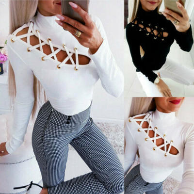 

Women Long Sleeve Bandage Hollow Blouse Bodycon Tops Slim Fit High Neck Shirt