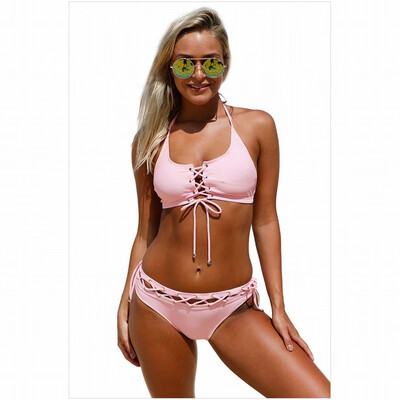 

Pink tube top hanging neck with triangle belt chest pad split swimsuit