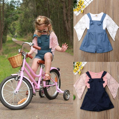 

2PCS Toddler Kids Baby Girls Clothes Outfits Lace Tops Denim Suspender Short ME