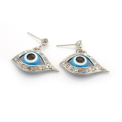 

Trendy Platinum Alloy Dangling Lampwork Evil Eye Pendant Stud Earrings with Rhinestone&Iron Pin Blue 29mm Pin 07mm