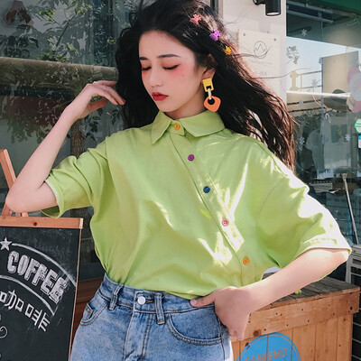 

T-shirt Short Sleeve Women Turn-down Collar Irregular Patchwork Button Up Tops Solid Basic Soft Tops T-shirt