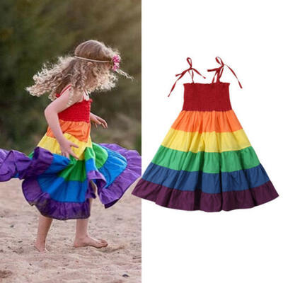 

US Stock Newborn Kid Baby Girls Rainbow Pageant Princess Long Maxi Dress Clothes