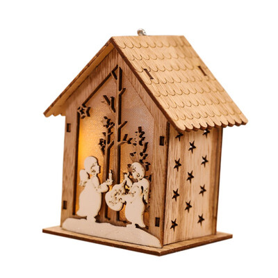 

Christmas Small Wooden House Ornament Led Light Up Xmas Tree Hanging Decoration Glowing Elk Santa Bell Design Mini Wood House