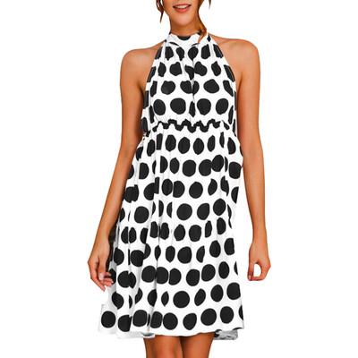 

New Summer Sleeveless Hanging Neck Straps Slim Backless Sweet Wave Point Dress