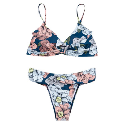 

Flower Printed Spaghetti Strap Padded Low Waist Women Bikini Set