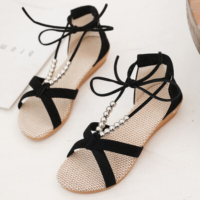 

Beach slope heel Roman sandals womens summer Korean version of Joker student fashion beaded Bohemia womens shoes