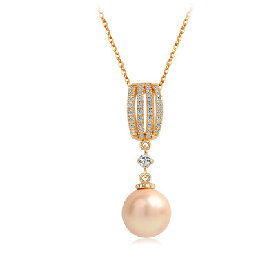 

Women Fashion Exquisite Full Diamond Champagne Gold Single Pearl Zircon Pendant Necklace Wedding Jewelry Birthday Gift