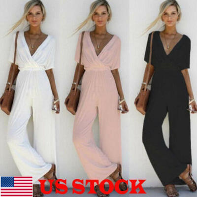 

US Women V Neck Loose Playsuit Party Ladies Romper Short Sleeve Long Jumpsuit