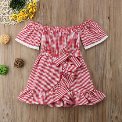 

Toddler Kids Baby Girls Lace Tutu Plaid Dress Princess Off-shoulder Dresses