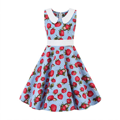 

Kids Teen Children Girls 1950s Retro Sleeveless Strawberry Print Princess Dress