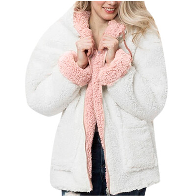 

Toponeto Women Fashion Solid Faux Fur Hooded Plush Zipper Pocket Reversible Coats