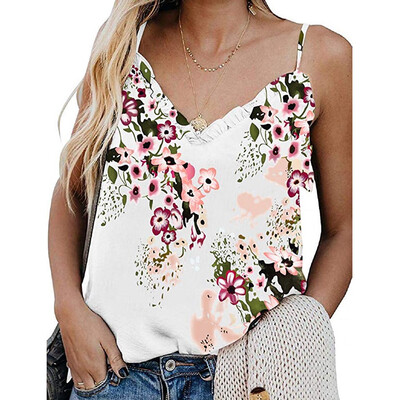 

Starmoon Womens V-Neck Ruffle Floral Printed Camisole Adjustable Strap Tank Tops