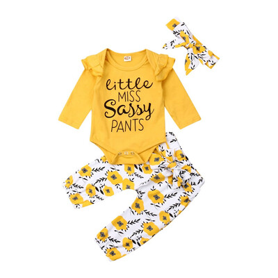 

3PCS Toddler Baby Kids Girl Tops RompertPants TrousersHeadband Casual Outfits