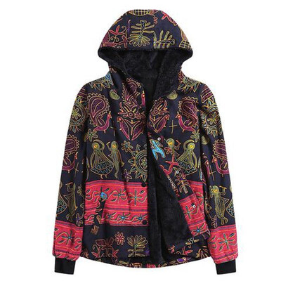 

Toponeto Women Winter Loose Cotton Warm Printed Pockets Thicker Hasp Hooded Coat Outwear