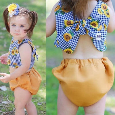 

Baby Kids Girls Sunflower Vest Tops Backless Bowknot Shorts Pants Outfits Set Cotton Clothes