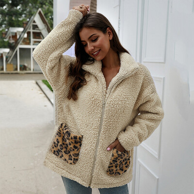 

Patchwork Leopard Pocket Jacket Coat Winter Women Zippers Turn Down Neck Thick Warm Outwear Clothes