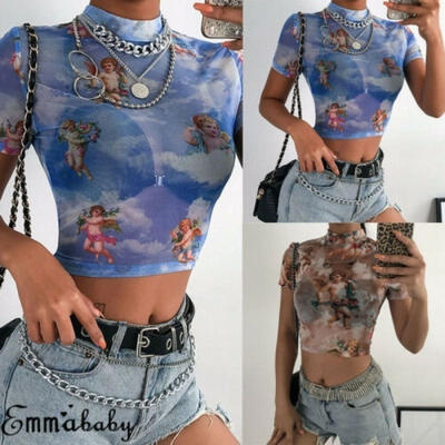 

Women Sheer Mesh Fish Net Short Sleeve Turtle Neck See Crop Top T-Shirt Blouse