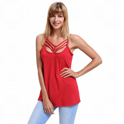 

Sleeveless neckline strap design solid color straight tube casual T-shirt top