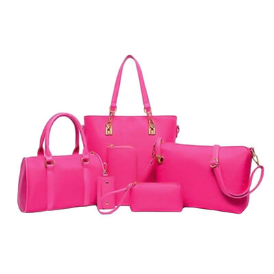 

6PcsSet Lady Solid Color Faux Leather Shoulder Bag Handbag Clutch Wallet Purse