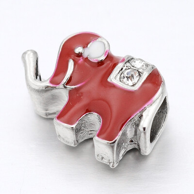 

Large Hole Elephant Alloy Enamel European Beads with Rhinestones Platinum DarkRed 10x14x7mm Hole 5mm