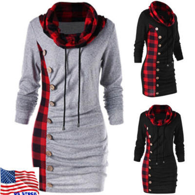 

Womens Long Sleeve Sweatshirt Hooded Casual Hoodie Jumper Sweater Mini Dress US